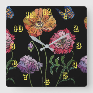 Orange Red poppy Poppies Floral Watercolor Black   Quadratische Wanduhr