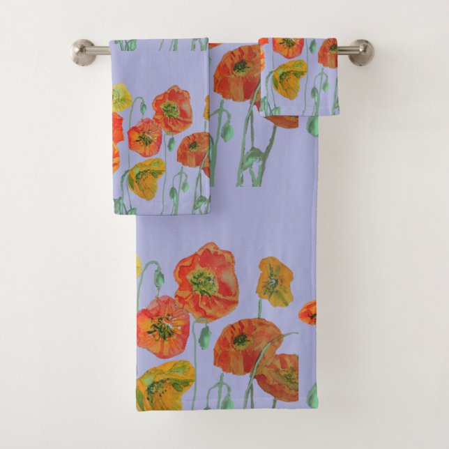Orange Red Poppy Poppies Lavender Floral Blume Badhandtuch Set (Insitu)