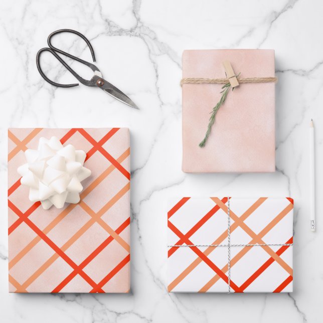 Orange Red Strip Muster Wasserfarbe Geschenkpapier Set (Vorderseite)