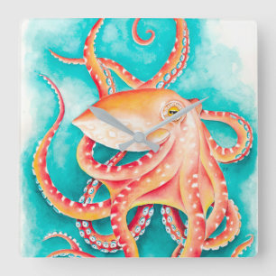 Orange Red Tentacles Octopus Wasserfarbe Quadratische Wanduhr