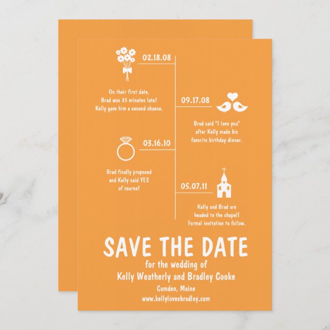 Orange Relationship Timeline Wedding Save the Date Einladung (Vorne/Hinten)