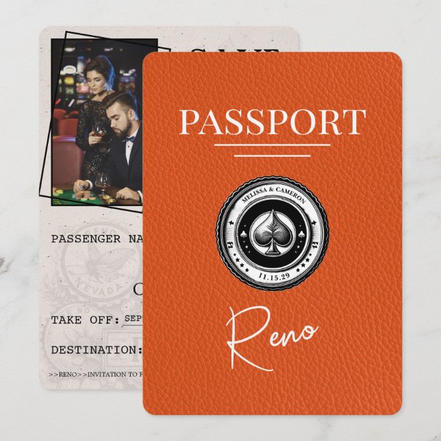 Orange Reno Passport Save the Date (Vorne/Hinten)