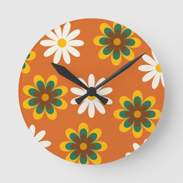 Orange Retro 70er Blume Runde Wanduhr (Vorderseite)