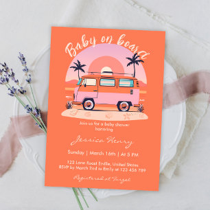 Orange Retro Baby an Bord Vintage Van Baby Dusche Einladung