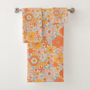 Orange Retro Blume Muster Badhandtuch Set