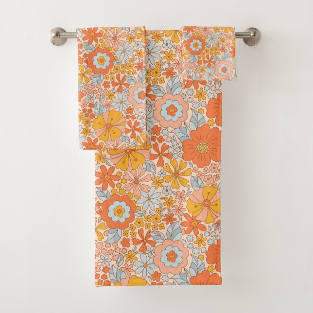 Orange Retro Blume Muster Badhandtuch Set (Insitu)