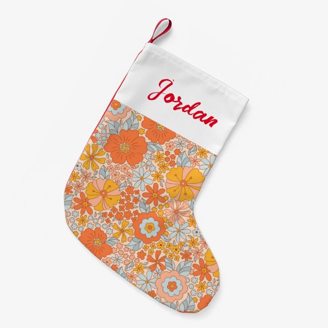 Orange Retro Blume Muster Kleiner Weihnachtsstrumpf (Vorderansicht (hängend))
