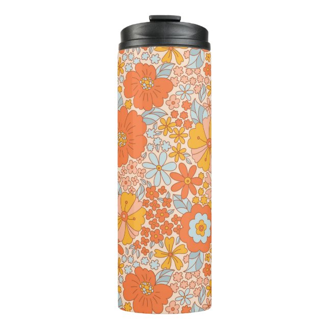 Orange Retro Blume Muster Thermosbecher (Vorderseite)