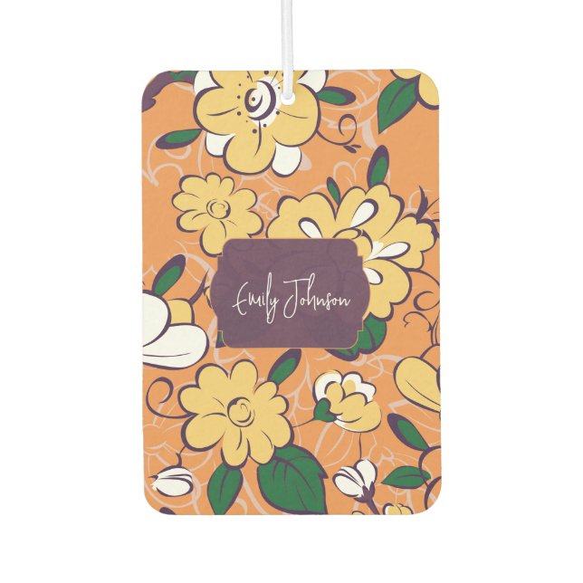 Orange Retro Botanical Yellow Flowers Custom Name Autolufterfrischer (Vorderseite)