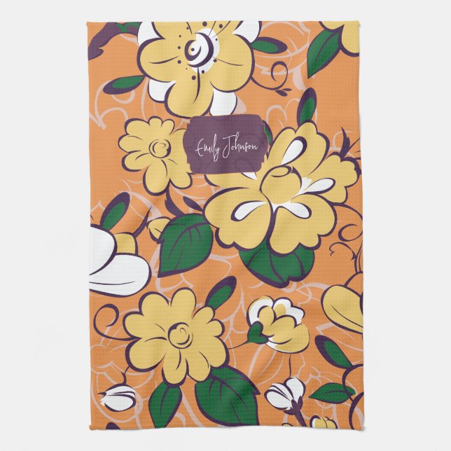 Orange Retro Botanisch Gelbe Blumen Benutzerdefini Geschirrtuch (Vertikal)