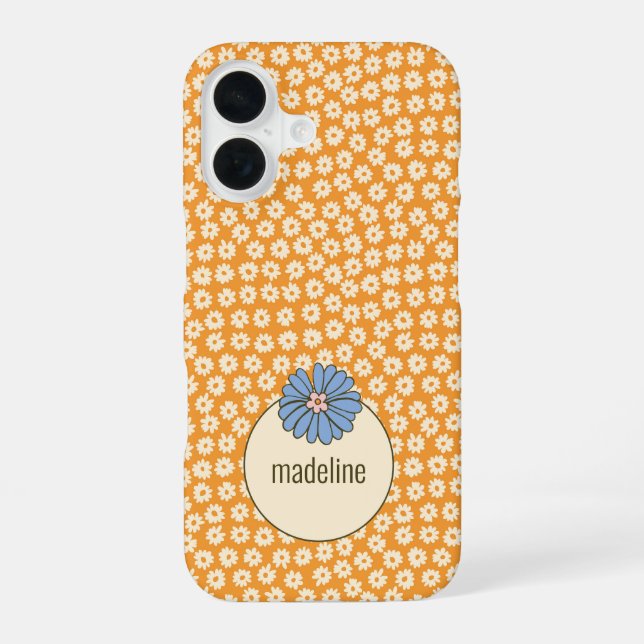 Orange Retro Girly Blume Pattern iPhone 16 Hülle (Rückseite)