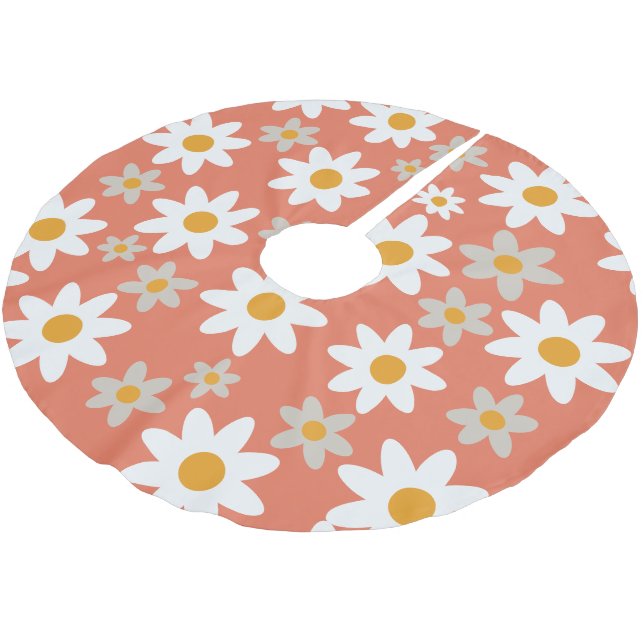 Orange Retro Groovy Daisy Pattern Holiday Polyester Weihnachtsbaumdecke (Schrägansicht)