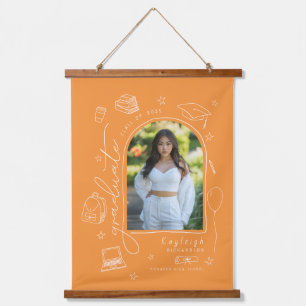 Orange Retro Hand Drawing Foto Abschluss Wandteppich Mit Holzrahmen