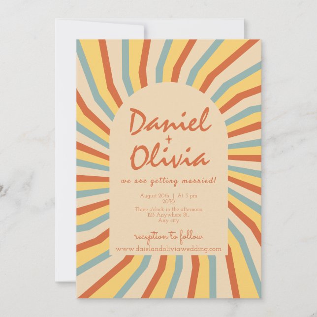 Orange Retro Line mit QR Wedding Einladung (Vorderseite)