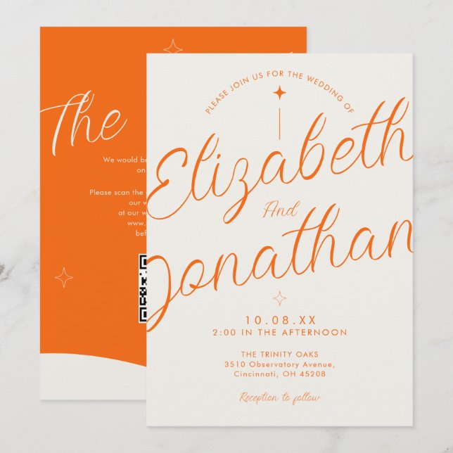 Orange Retro Moderne Fette QR-Code-Hochzeit Einladung (Vorne/Hinten)