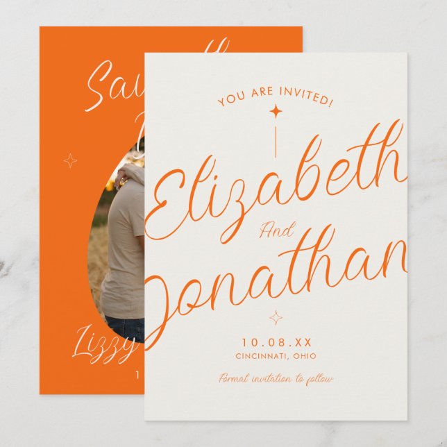 Orange Retro Moderne Fette Skript Foto Hochzeit Save The Date (Vorne/Hinten)