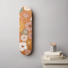 Orange Retro Style Floral Pattern Hippie Boho 70er Skateboard