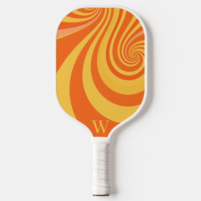 Orange Retro Twirl Monogramm Pickleball Schläger (Vorderseite)