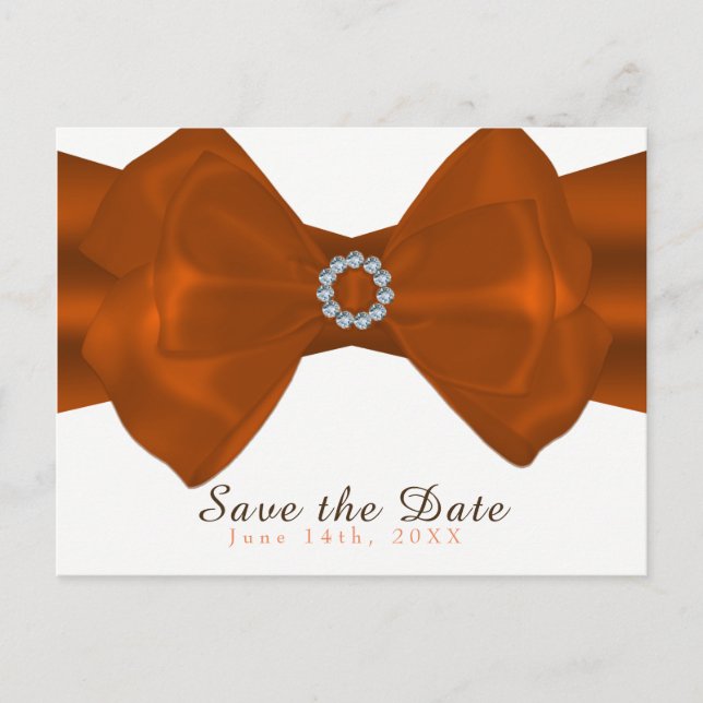 Orange Ribbon & Diamonds Save the Date elegant Ankündigungspostkarte (Vorderseite)