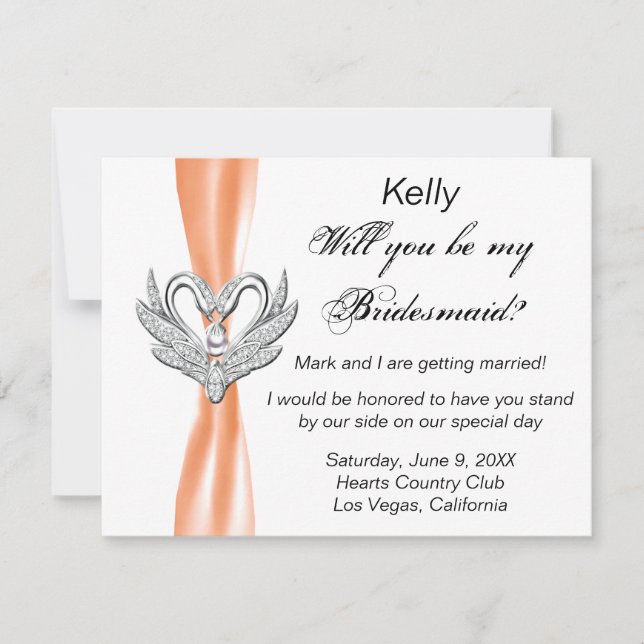 Orange Ribbon Silver Swans Bridesmaid Card Einladung (Vorderseite)