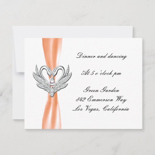 Orange Ribbon Silver Swans Empfang Card Einladung (Vorderseite)