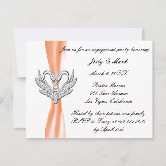 Orange Ribbon Silver Swans Engagement Party einlad Einladung (Vorderseite)