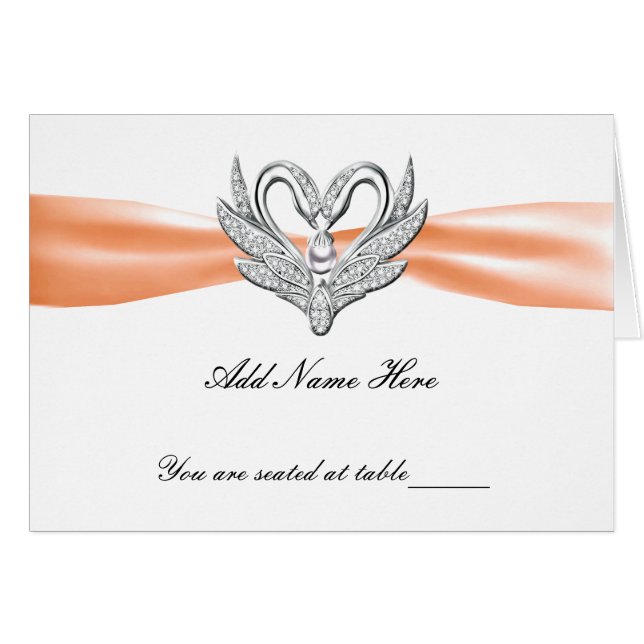 Orange Ribbon Silver Swans Falttable Platzkarte (Vorderseite (Horizontal))