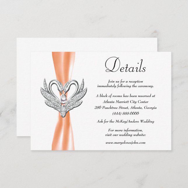 Orange Ribbon Silver Swans Hochzeitdetails Begleitkarte (Vorne/Hinten)
