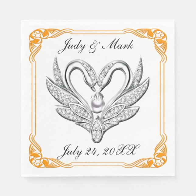 Orange Ribbon Silver Swans Paper Napkins Serviette (Vorderseite)