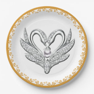 Orange Ribbon Silver Swans Papierplatte Pappteller