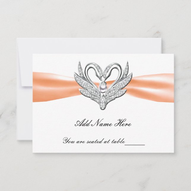 Orange Ribbon Silver Swans Table Platzkarte (Vorderseite)