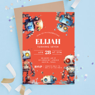 Orange Robots Tech Gear Builder Birthday Party Einladung