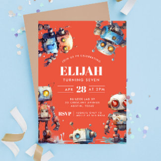 Orange Robots Tech Gear Builder Birthday Party Einladung