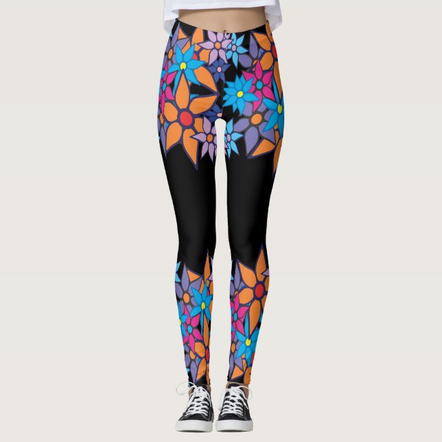 Orange rosa blaues Blumen#2 Leggings (Vorderseite)