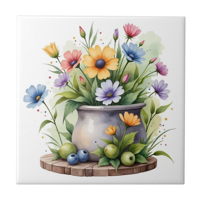 orange, rosa, gelbe und blaue Blumen Fliese (Vorderseite)
