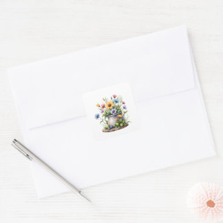 orange, rosa, gelbe und blaue Blumen Quadratischer Aufkleber