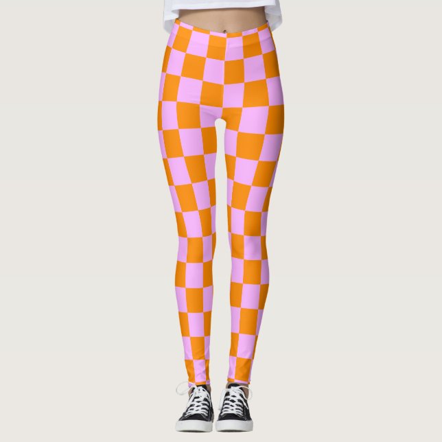 Orange + Rosa Karo Prüfpappe Leggings (Vorderseite)