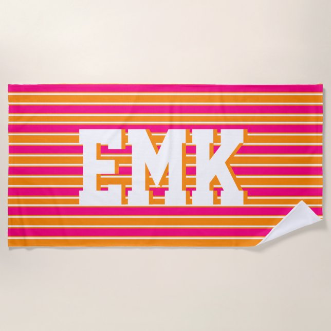 Orange rosa Streifen Preppy Aesy Beach Handtuch (Vorderseite)