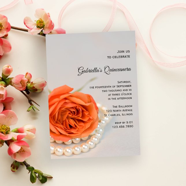 Orange Rose Blume und Perlen Quinceanera Party Einladung (Von Creator hochgeladen)