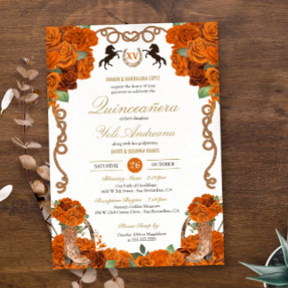 Orange Rose Floral Charro Ranch Quinceañera Einladung