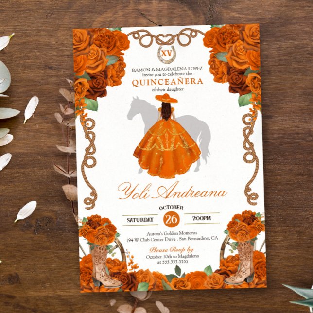 Orange Rose Floral Western Charro Quinceanera Einladung (Von Creator hochgeladen)