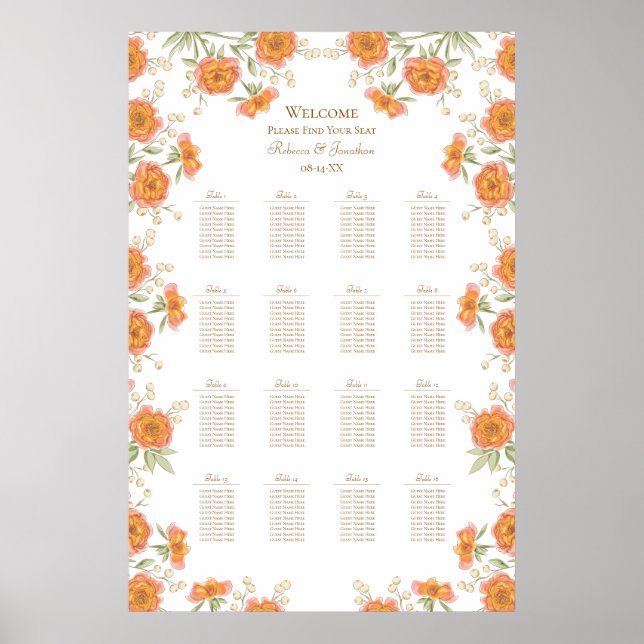 Orange Rose Hochzeit Sitzordnung Poster (Vorne)