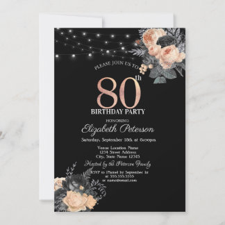 Orange Rose String Lights Black 80. Geburtstag Einladung