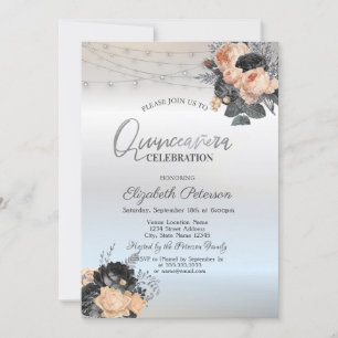 Orange Rose String Lights Silver Quinceanera Einladung