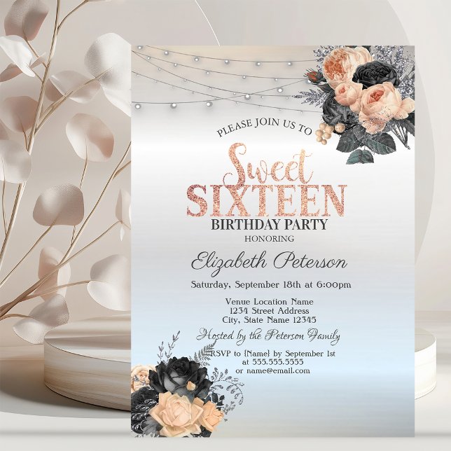 Orange Rose String Lights Silver Sweet 16 Einladung (Von Creator hochgeladen)