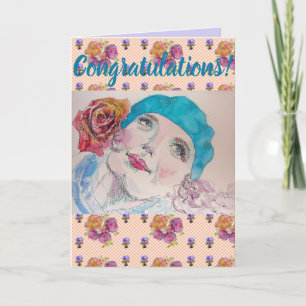 Orange Rose Woman Floral Conratulations art Card Karte