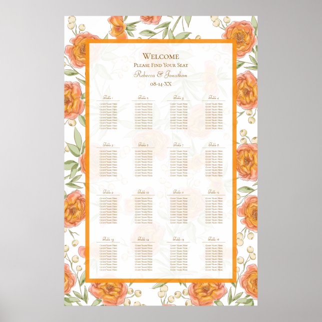 Orange-Rosen-Hochzeits-Sitzplan Poster (Vorne)