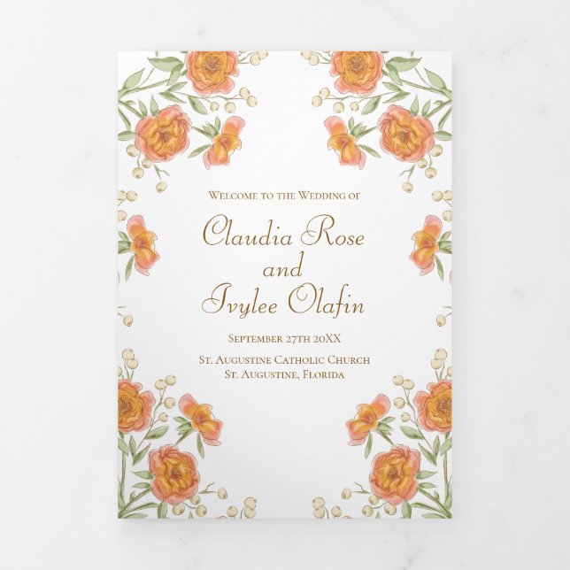 Orange-Rosen-Hochzeitsprogramme Dreifach-gefaltete Programmkarte (Cover)