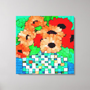 Orange Rot-Blumen-Pixel-Kunst eingewickelte Leinwanddruck