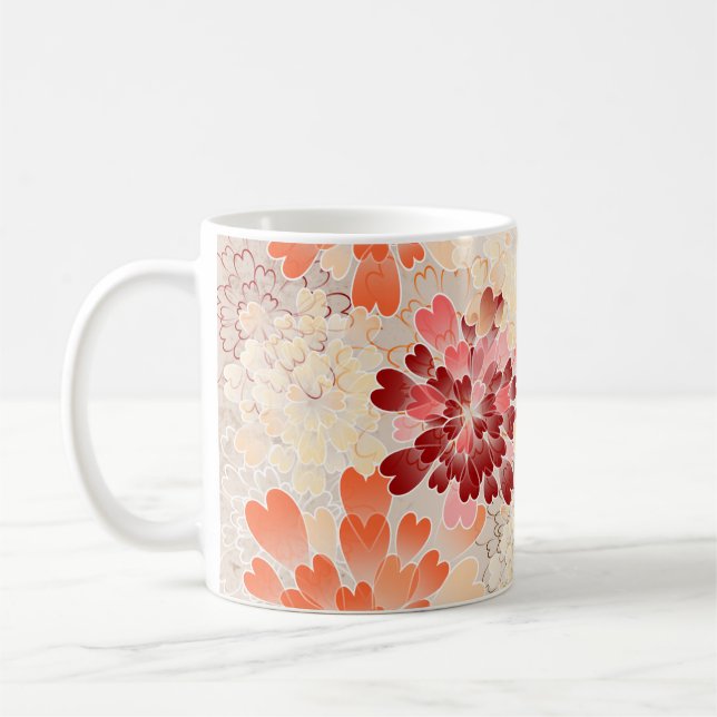 Orange Rot u. SahneBlumen Retro Tasse (Links)